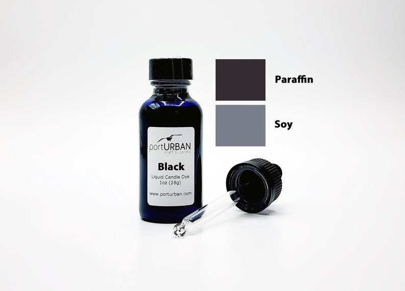 May include: A 1 oz (28g) bottle of black liquid candle dye. The bottle has a dropper for easy application. The dye is suitable for both paraffin and soy wax. The bottle label reads "portURBAN craft & candle" and "Black Liquid Candle Dye 1 oz (28g) www.porturban.com".