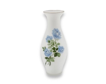 Glass vase for flowers, blue flower decorations, vase with gold rim, white glass vase, vintage vase