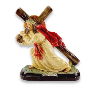 Large Religious Statue, station of the cross, Arnova, Jesus carrying cross, chalkware, painted, Jesus with cross, vintage