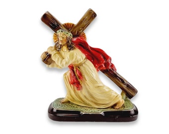 Large Religious Statue, station of the cross, Arnova, Jesus carrying cross, chalkware, painted, Jesus with cross, vintage