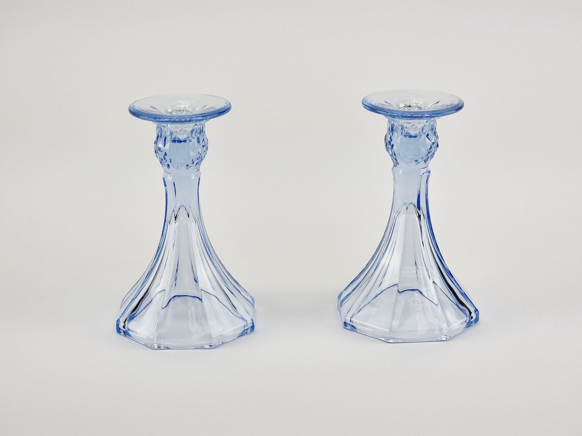 Blue Candlestick Holder, Vintage Glass Candle Holder, Blue Clear Glass
