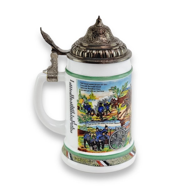 BMF Bierseidel, Stein, Erinnerung an Meine Dienstzeit, W-Germany, metal lid, milk glass