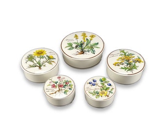 Trinket boxes, set of 5, Villeroy and Boch, Botanica, flowers, Agrimonia eupatoria, Chrysanthemum, Adonis vernalis, Vaccinium, Rosa