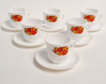 Arcopal France, set of 6 teacups, orange, red, vintage teacups and saucers,coffee cups, teacups with flowers, vintage gift,