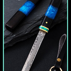 Handmade Damascus Tanto Knife with Wood and Resin Accents Sheath