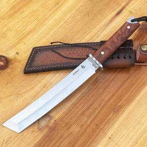 Full tang Tanto knife Wood Handle and leather Sheath
