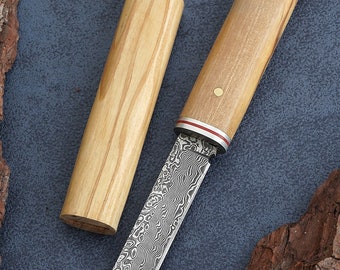 Handcrafted Damascus Tanto knife Olive wood handle and sheath