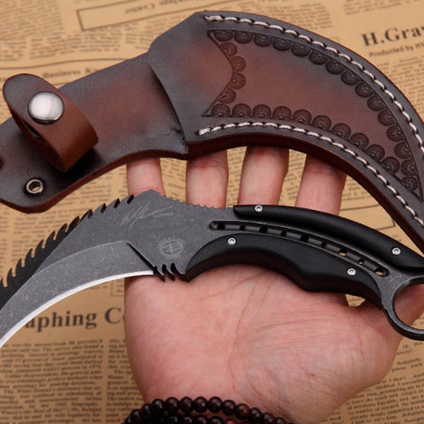 Todd Combat Claw Knife Black Fixed Blade Outdoor Survival Hunting G10 Handle + leather sheath