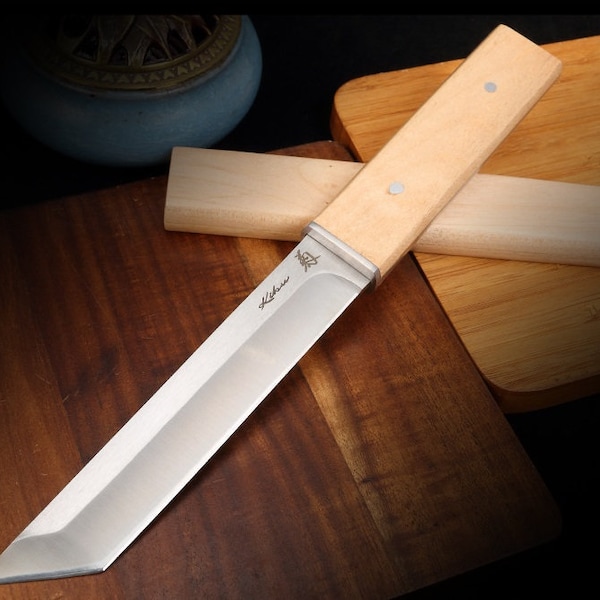 Handmade Tanto knife handle and wooden sheath made of white wood