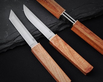 Handcrafted Twin Tanto Knives with White Handles and Sheaths