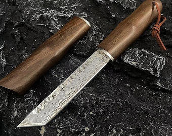 Handcrafted Damascus Tanto knife Yellow wood handle and sheath