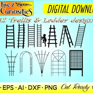 Könnte beinhalten: Ein digitaler Download von 12 SVG-, EPS-, AI-, DXF- und PNG-Schnittdateien mit Gitter- und Leiterdesigns. Die Designs sind schwarzweiß und umfassen eine Vielzahl von Stilen, wie z. B. gewölbte Gitter, vertikale Gitter und Leiterdesigns.