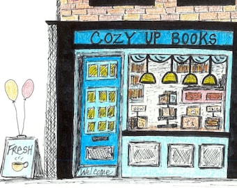 Cozy Up Books Bookstore Art Print, Pen and Ink Illustration, Colored Pencil Art, Kids Decor, Literary Artwork