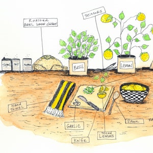 May include: A watercolor illustration of a kitchen counter with ingredients for a roasted basil lemon chicken dish. The ingredients include fresh basil, lemons, garlic, thyme, salt, pepper, olive oil, bread, and a hand towel. The illustration includes handwritten labels for each ingredient.
