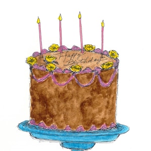 Watercolor Chocolate Cake Art Matte Print, Food Artwork, Bakery Wall Art, Birthday Cake with Candles, Pastry Chef Gift, Happy Birthday Gift