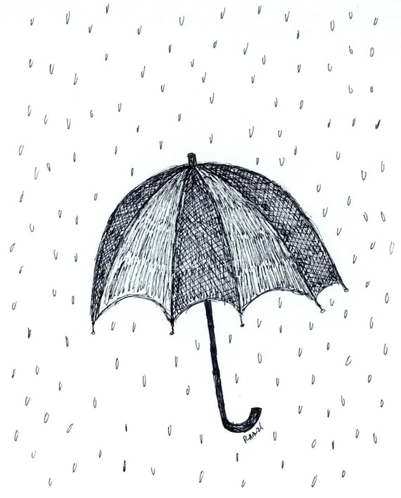Pen and Ink Umbrella Art Print, Open Umbrella Illustration, Rainy