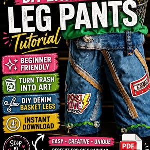 May include: A DIY tutorial cover featuring denim leg pants with a basket top. The design includes text that reads "DIY Basket Leg Pants Tutorial", "Beginner Friendly", and "Turn Trash Into Art". The pants are decorated with patches and embellishments.