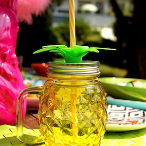 Glas Becher Trinkglas Ananas Tropical mit Deckel und Trinkhalm
