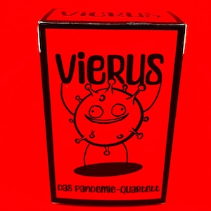 May include: A red box featuring the word "VieRUS" in black, above a cartoon virus character. The box also displays the text "DAS PANDEMIE-QUARTETT" at the bottom. The overall design is set against a red background.