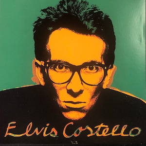 May include: A close-up portrait of Elvis Costello, a singer-songwriter, in a pop art style. He is wearing glasses and has a black and orange color scheme.