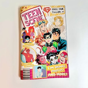 May include: A colorful comic book cover featuring a group of cartoon characters. The cover is titled "Teen Scene" and features the text "Love Triangle?", "Atlantis Summer!" and "Tim Drake Photos and More!"