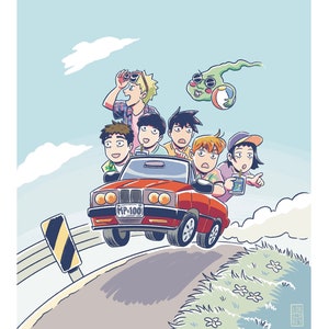 May include: A red car with a number plate that reads "MP-100" drives along a winding road.  Six people are in the car, and a green ghost-like figure with sunglasses and a beach ball floats above them.  The sky is blue with white clouds.