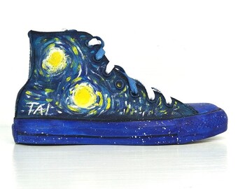 Van Gogh's de sterrennacht Style/Hand-Painted Graffiti/High Top Canvas Shoes/Painted Artistic Shoes.