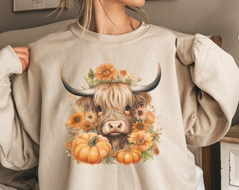 Sudadera de otoño de vaca de las tierras altas, camisa de vaca de calabaza, suéter de otoño, camisa de vibraciones de otoño, camisa de vaquilla de otoño, camisa de vaca de las tierras altas, regalos de temporada de otoño