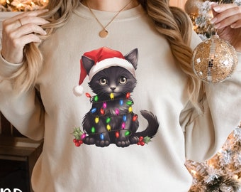 Black Cat Christmas Shirt, Cat Christmas Sweatshirt, Christmas Cat Crewneck, Cat Lover Gift, Kitty Christmas Shirt, Cat Mom Xmas Sweater