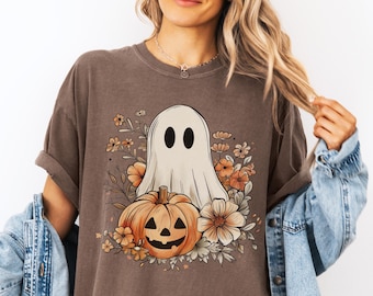 Ghost Halloween Shirt for Halloween Comfort Colors Pumpkin Tee Retro Ghost Floral Tee Funny Halloween T-Shirt Spooky Season Holiday Apparel