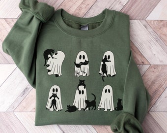 Halloween Cat Sweatshirt, Ghost Cat Crewneck, Sweatshirt for Cat Lover, Spooky Season Shirt, Ghost Sweatshirt for Halloween, Halloween Gift