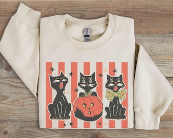 Halloween Sweatshirt, Vintage Halloween Cat Sweater, Halloween Cat Shirt, Cat Lover Crewneck,Black Cat Shirt,Spooky Sweatshirt for Halloween