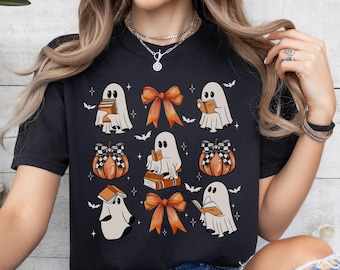 Comfort Colors® Bookish Halloween Teacher TShirt, Ghost Reading Books Shirt, Teacher Librarian Halloween Gift, Halloween Book Lover Shirt