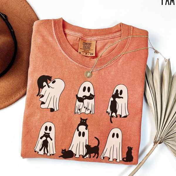 Chemise chat fantôme, T-shirt fantôme chat Comfort Colors®, jolie chemise pour amoureux des chats, Halloween fantôme rétro, T-shirt chat d'Halloween, cadeau de saison effrayante