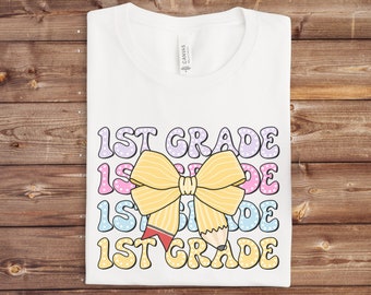Retro First Grade Teacher Shirt, Coquette 1st Grade Teacher Tee, First Day of School Matching TShirt, New Teacher Gift, Back to School Tee