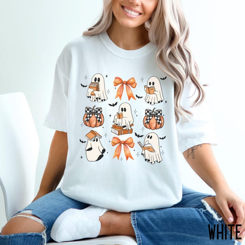 Comfort Colors® Bookish Halloween Teacher TShirt, Ghost Reading Books Shirt, Teacher Librarian Halloween Gift, Halloween Book Lover Shirt image 2