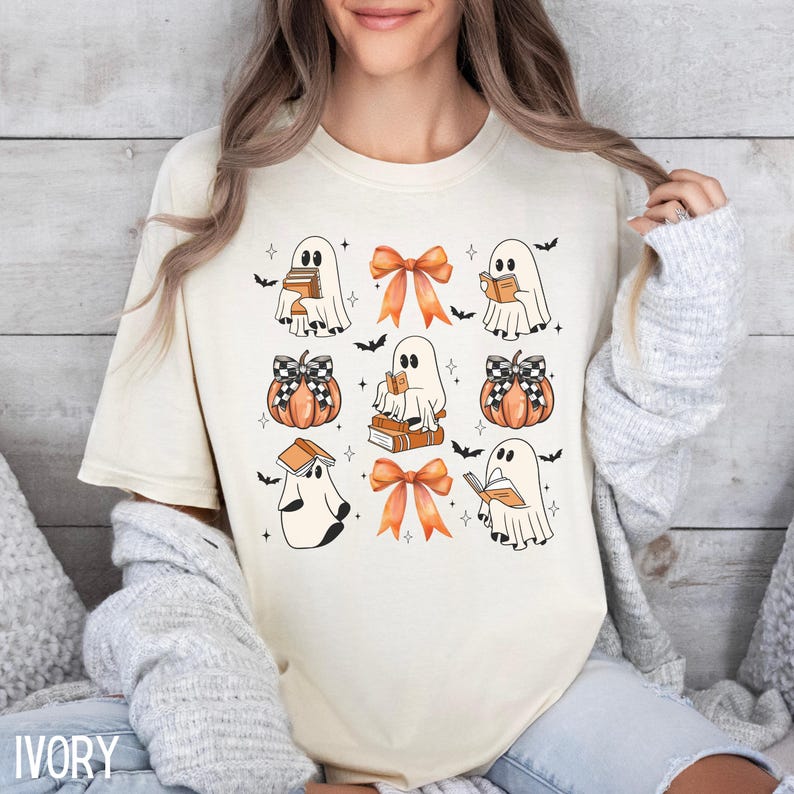 Comfort Colors® Bookish Halloween Teacher TShirt, Ghost Reading Books Shirt, Teacher Librarian Halloween Gift, Halloween Book Lover Shirt image 4