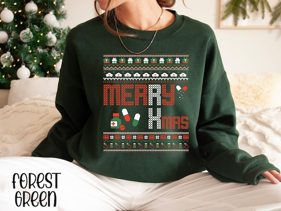 Pharmacist Nurse Christmas Crewneck Sweatshirt, Xmas Trees CRNA Rn Anesthetist Sweater, ICU Nurse Pharmacy Tech Holidays Shirt Gift