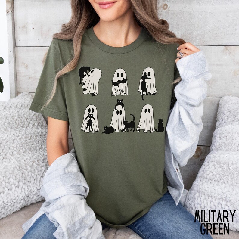 Camiseta de gatos fantasma, camiseta de gatos de Halloween, divertida camiseta de Halloween, linda camiseta de Halloween, camiseta de fantasmas para amantes de los gatos, camiseta de moda de la temporada espeluznante imagen 5