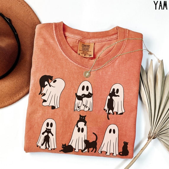 Ghost Cat Shirt, Comfort Colors® Cat Ghost T-Shirt, Cute Cat Lovers Shirt, Retro Ghost Halloween, Halloween Cat T-shirt, Spooky Season Gift