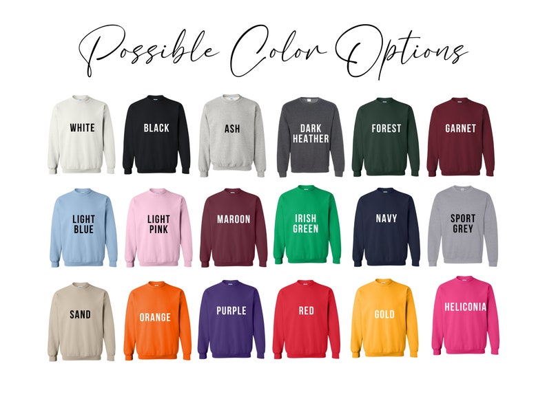 K&ouml;nnte beinhalten: Ein Diagramm mit 20 verschiedenen Sweatshirt-Farben. Die Farben sind mit ihren Namen beschriftet, wie z. B. Wei&szlig;, Schwarz, Asche, Dunkelgrau, Wald, Granat, Hellblau, Hellrosa, Rotbraun, Irischgr&uuml;n, Marineblau, Sportgrau, Sand, Orange, Lila, Rot, Gold und Heliconia.