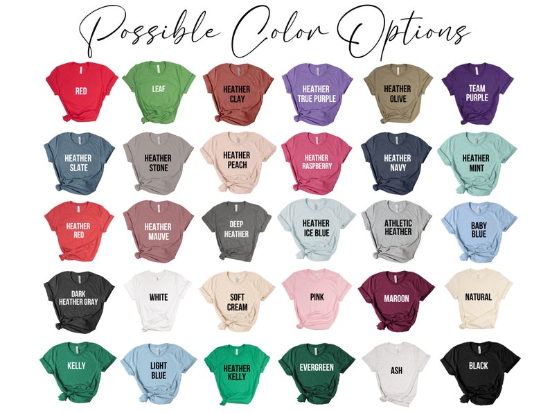 May include: A chart of 25 different t-shirt colors, including red, green, blue, purple, and black. The colors are displayed on a white background.