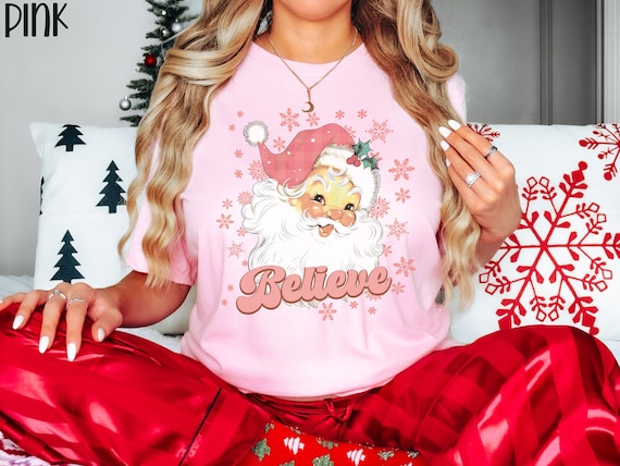 Pink Retro Santa Tee, Pink Christmas Santa Graphic Tee, Clothing, Retro Vintage Tee, Pink Santa T-shirt, Christmas Vibes, Pastel Holiday Tee