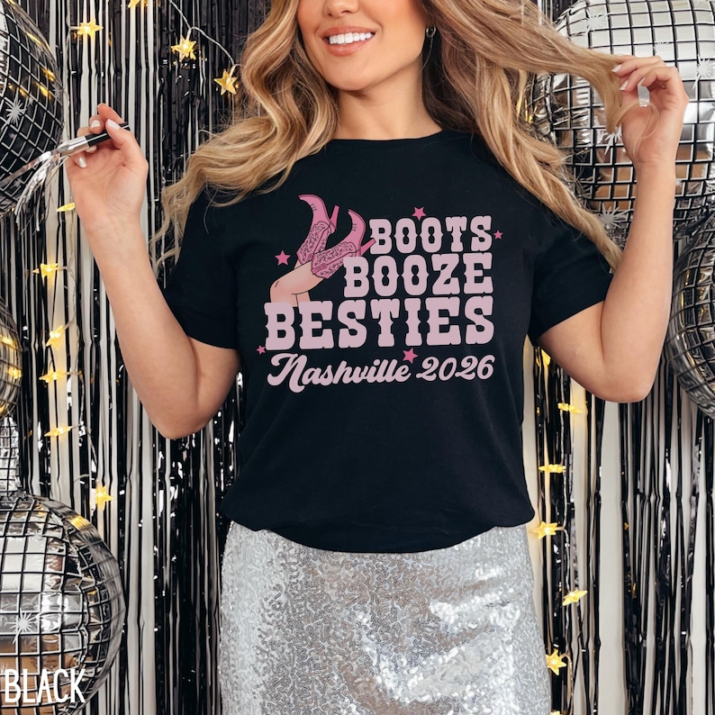 Camiseta de viaje de chicas a Nashville, camiseta de Nashville, camiseta de Boots, Booze and Besties, camiseta personalizada de Besties, camiseta de despedida de soltera, camiseta de viaje a Nashville imagen 2