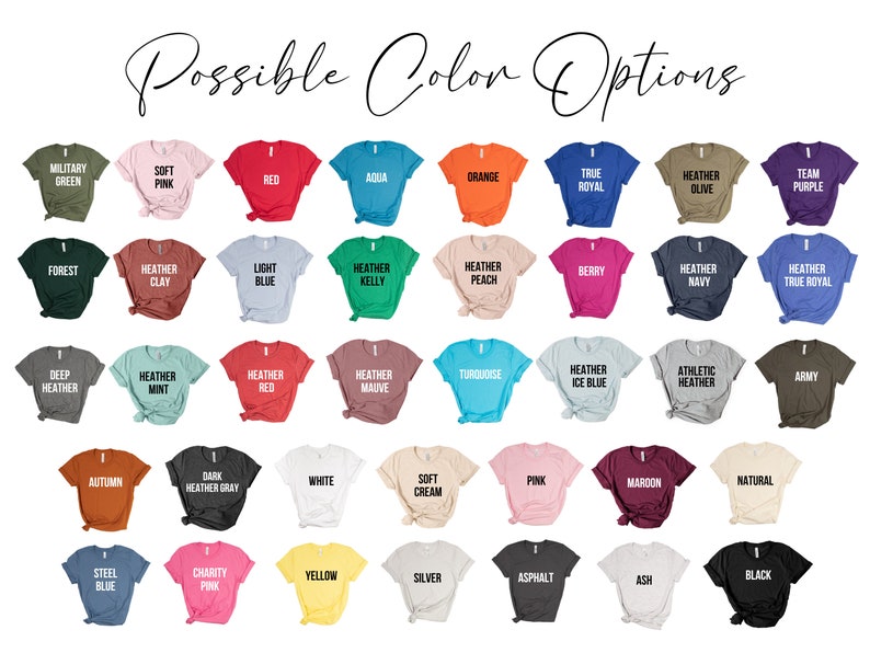 May include: A chart of 36 different color options for t-shirts. The colors are arranged in a grid with the names of each color listed below each swatch.