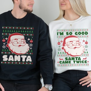 Funny Couples Ugly Christmas Sweater, Couples Matching Ugly Christmas Sweater Santa Came Twice Ugly Christmas Sweater Party Pajamas for Xmas