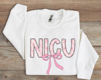 NICU Nurse Bow Sweatshirt, Pink Coquette Nurse Neonatal ICU Crewneck, Nicu Nurse Gift, Nurse Floral Sweatshirt,Toile de Jouy NICU Sweatshirt