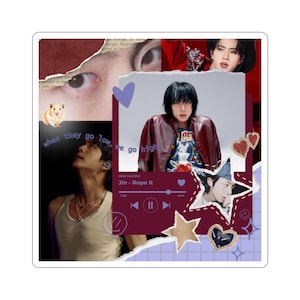 May include: A square sticker featuring a collage of images with a maroon and purple color scheme. The collage includes photos of a person, a hamster, and text that reads "when they go low, we go high" and "Jin - Rope It".