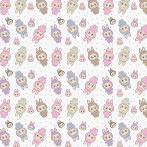 May include: A seamless pattern featuring a variety of cute cartoon bunnies wearing different colored outfits. The bunnies are arranged in a repeating pattern on a white background with small white dots.