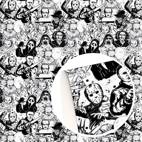 Black and White Multiple Halloween Horror Characters Faux Leather Sheet